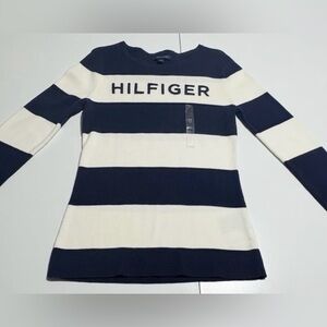 Tommy Hilfiger Navy Blue & White Colorblock Striped Logo Crew Neck Sweater